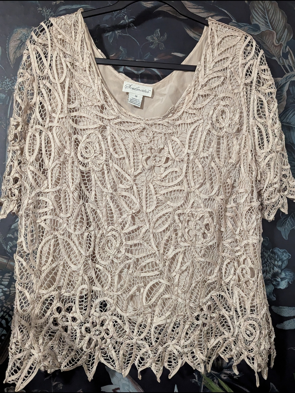 Soulmates 100% Silk Hand Crocheted Beaded Lace Blouse Top 3X